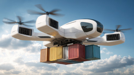 A futuristic drone transports cargo with a colorful container hanging below. This advanced vehicle showcases innovation in logistics and aerial delivery.の素材