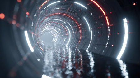 This captivating image captures a futuristic tunnel adorned with neon lights, reflecting on a tranquil water surface, creating an ethereal ambiance.の素材