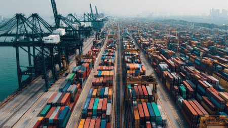 An aerial view showcasing a bustling shipping port filled with vibrant cargo containers and towering cranes against an urban skyline. The image highlights the complexities of maritime logistics and global trade.の素材