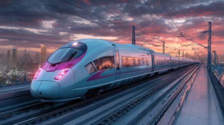 A stunning high-speed train glides through an urban landscape during a captivating sunset, showcasing modern architecture and vibrant colors in the sky.の素材