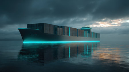 A futuristic container ship with glowing neon lights sails on calm waters during dusk, creating an atmosphere of innovation and modernity.の素材
