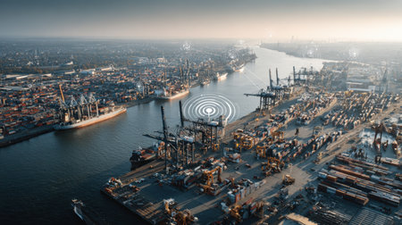 This aerial photograph captures the dynamic activity of a shipping port at sunset, showcasing cranes, container ships, and bustling industrial operations.の素材