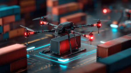 A high-tech drone efficiently operates within a bustling shipping yard, highlighting modern logistics and automation in an urban environment filled with cargo containers.の素材
