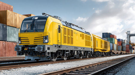 A vibrant yellow locomotive stands proudly on the railway tracks, surrounded by colorful shipping containers in a bustling freight yard. This image captures the essence of modern logistics and rail transport, showcasing the powerful machinery that drives economic movement and trade. Perfect for themes of transportation and industrial infrastructure.の素材