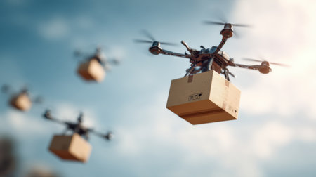 A fleet of drones equipped with packages navigates a clear blue sky, embodying the future of delivery and logistics with efficiency and innovation.の素材