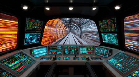 Experience the essence of a futuristic control room with advanced technology, vibrant screens, and a visual representation of rapid movement through space, all designed for an immersive adventure.の素材