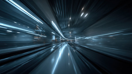 Experience the sensation of speed and momentum in this abstract image of a futuristic tunnel with dynamic blue light effects and dark ambiance.の素材