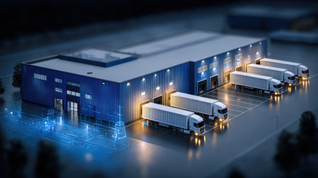 A modern distribution center illuminated at night showcases a fleet of trucks ready for logistics and shipping operations, enhanced by digital technology overlays.の素材