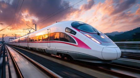 A sleek and modern high-speed train glides through a picturesque landscape during sunset, showcasing speed and efficiency in transportation technology.の素材