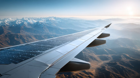 Experience breathtaking scenery with this aerial view of an airplane wing soaring over spectacular mountains and clear skies, showcasing nature's beauty.の素材