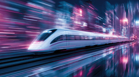 A stunning high-speed train glides through a vibrant city at night, with striking neon lights and a dynamic blur effect, capturing the essence of modern transport.の素材