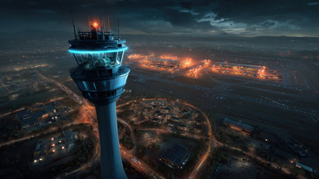Stunning aerial view showcasing an airport control tower at night, surrounded by a vibrant cityscape with illuminated runways and traffic lights.の素材
