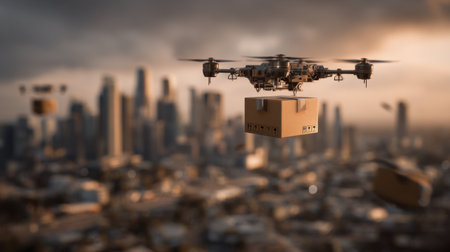 A striking aerial view of a drone delivering packages over an urban skyline at dusk. This image captures modern technology in logistics, showcasing innovation and convenience in urban environments.の素材