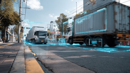 A dynamic city scene featuring trucks on the road with a digital overlay, symbolizing innovation in urban transportation and smart technology integration.の素材