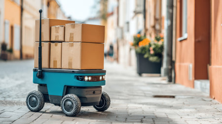 A sleek delivery robot transporting cardboard boxes along a cobblestone street, showcasing a blend of urban life and advanced technology in action.の素材