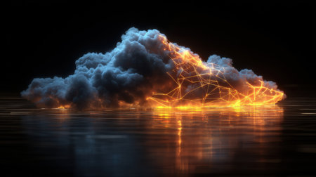 A stunning futuristic cloud illuminated with glowing network lines, floating above a reflective water surface, set against a dark backdrop. Perfect for technology-themed designs.の素材