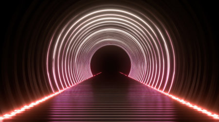 A mesmerizing neon tunnel featuring illuminated rings along a sleek pathway. The dark background enhances the vibrant colors, creating an immersive, futuristic experience.の素材