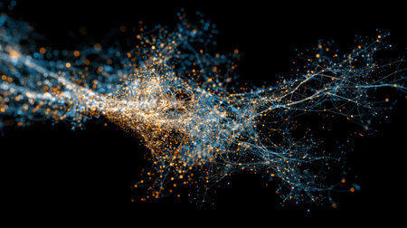 Explore the mesmerizing beauty of this abstract cosmic background, showcasing glowing particles and delicate fiber structures weaving through the darkness.の素材