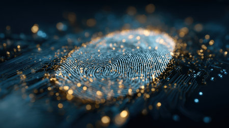 A captivating digital representation of a fingerprint overlaying a circuit board, illuminated by glowing lights. This image symbolizes advanced technology and security in identity management.の素材