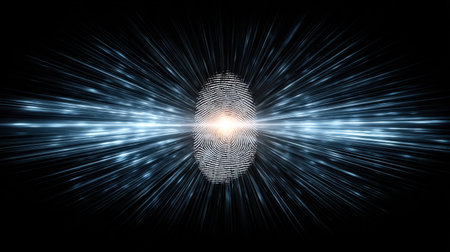 This captivating image features a digital fingerprint at its center, radiating vivid light rays that symbolize security and identity in a futuristic context.の素材