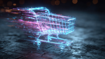This stunning image showcases a futuristic shopping cart in motion, illuminated by vibrant neon lights on a dark surface. Perfect for e-commerce themes.の素材