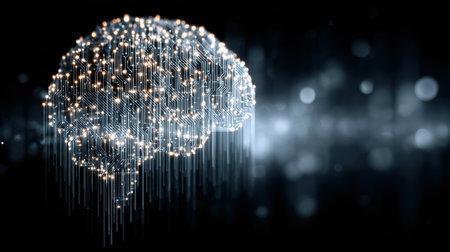 This captivating image showcases a digital brain concept, illustrating artificial intelligence and data processing through intricate light patterns and designs.の素材