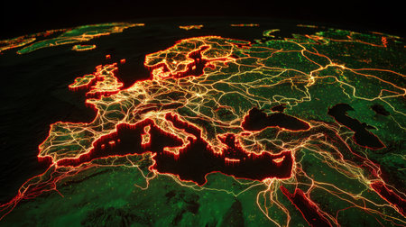 This captivating satellite image showcases Europe at night, emphasizing urban areas and intricate transportation networks illuminated by lights.の素材