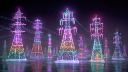 This striking image showcases a futuristic power grid illuminated with neon lights, reflecting beautifully on a water surface, presenting a vibrant night scene.の素材