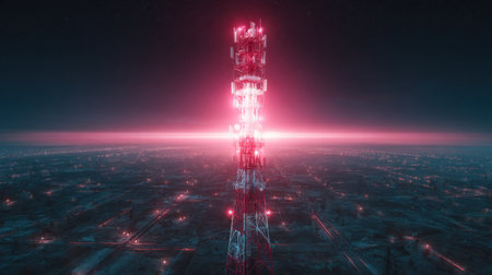 This striking image features a futuristic communication tower illuminated by vibrant neon lights, set against a dark urban nightscape, showcasing advanced technology and connectivity.の素材