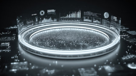 This image features a striking futuristic data visualization with a circular overlay and various digital elements, ideal for technology and analytics themes.の素材