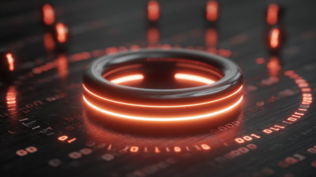 This futuristic image features a glowing neon ring set against a backdrop of binary code, creating an abstract and high-tech visual experience.の素材