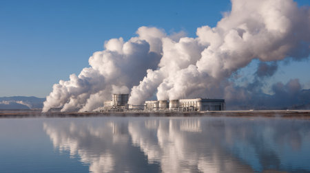 A striking image of an industrial power plant with towering cooling systems releasing steam, perfectly mirrored in tranquil water beneath a vibrant blue sky.の素材