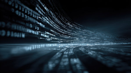 This captivating abstract illustration showcases a dynamic flow of digital data, featuring light effects and binary code patterns in a dark environment, evoking a sense of technological advancement.の素材