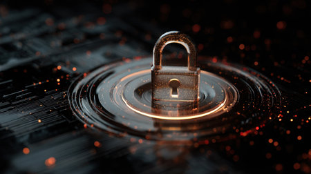 This striking image features a metallic lock atop a glowing circuit board, symbolizing digital security and privacy in modern technology.の素材