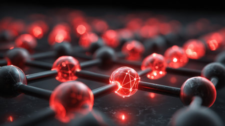 This abstract image showcases a detailed atomic structure with glowing red nodes interconnected by black bonds, representing advanced scientific concepts and molecular networks.の素材