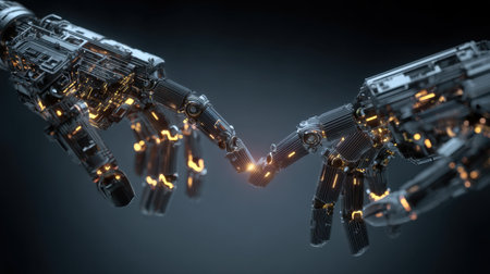 This image showcases a striking visual of robotic hands almost touching, symbolizing the merging of technology and humanity in a captivating dark setting.の素材