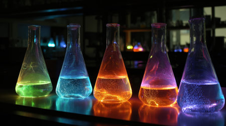A striking arrangement of laboratory glassware displaying colorful liquids illuminated by vibrant lights, creating an inviting atmosphere for scientific exploration.の素材