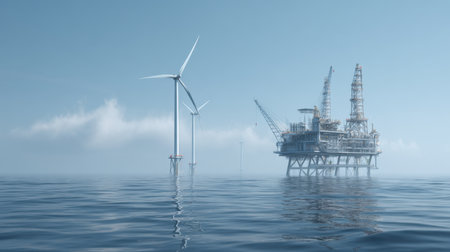 A tranquil coastal scene depicting modern wind turbines adjacent to an offshore oil platform set against a clear blue sky and calm waters.の素材