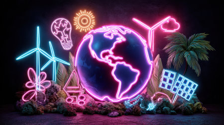 This neon-inspired artwork emphasizes the significance of renewable energy and sustainability, featuring symbols like wind turbines, solar panels, and a globe.の素材