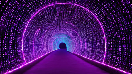A mesmerizing illuminated tunnel featuring vibrant purple lights and dynamic binary code patterns creates a futuristic atmosphere perfect for digital art projects.の素材