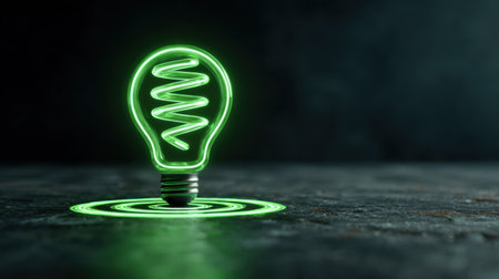 A striking green neon light bulb shines on a dark textured surface, showcasing a swirling pattern that symbolizes innovation and sustainability in design.の素材