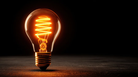 This image showcases a vintage light bulb with a glowing filament, set against a dark background. The artistic capture emphasizes the unique texture and warm glow, creating an inspiring atmosphere.の素材