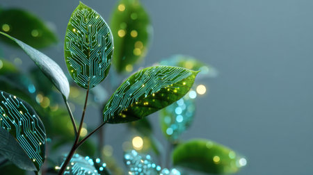 This captivating image showcases green leaves adorned with intricate circuit patterns, blending the beauty of nature with modern technology, symbolizing innovation and ecological harmony.の素材