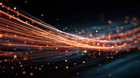 This stunning abstract image showcases vibrant light trails with multicolored particles against a deep blue background, evoking energy and movement.の素材