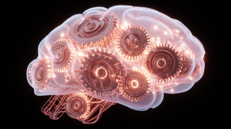 This stunning image presents a futuristic brain design, featuring intricate gears and glowing lights, symbolizing innovation and technology in artificial intelligence.の素材