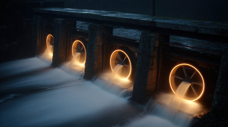 Stunning view of flowing water illuminated by lighted wheels at a dam during night. This captivating image showcases the harmony between technology and nature.の素材