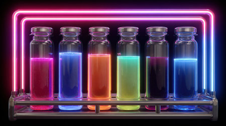 A striking collection of colorful glass vials filled with vibrant liquids, enhanced by neon lighting, perfect for themes of science, creativity, and innovation.の素材