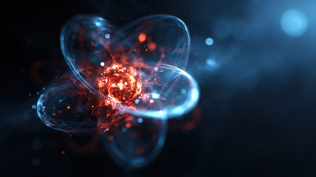 This abstract image represents a glowing atom structure with vibrant colors against a dark background, perfect for illustrating themes in science and technology.の素材