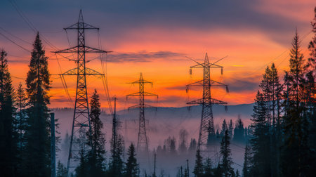 Breathtaking sunrise scene featuring power lines towering over a misty forest, illuminated by vibrant orange and purple hues in the sky. Perfect for nature and energy themes.の素材
