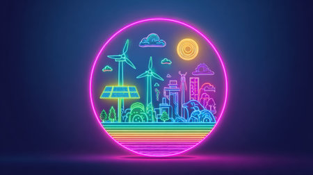 This vibrant neon illustration showcases renewable energy concepts, featuring wind turbines, solar panels, and a futuristic cityscape against a colorful background.の素材